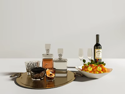 Wine Bottle and Wine Glasses with Fruit Bowl and Decorative Tray on White Table 3d model