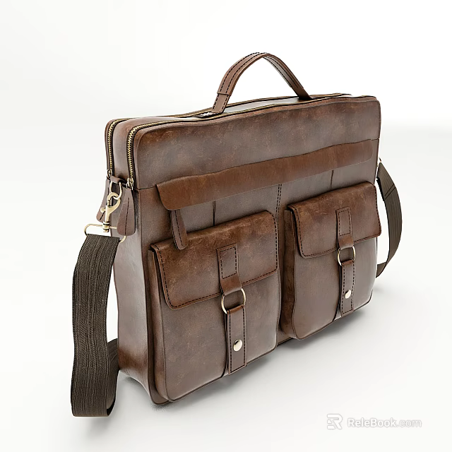 Vintage Brown Leather Briefcase With Multiple Pockets Hand And Shoulder Straps 3d model 
