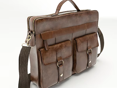 Vintage Brown Leather Briefcase With Multiple Pockets Hand And Shoulder Straps 3d model