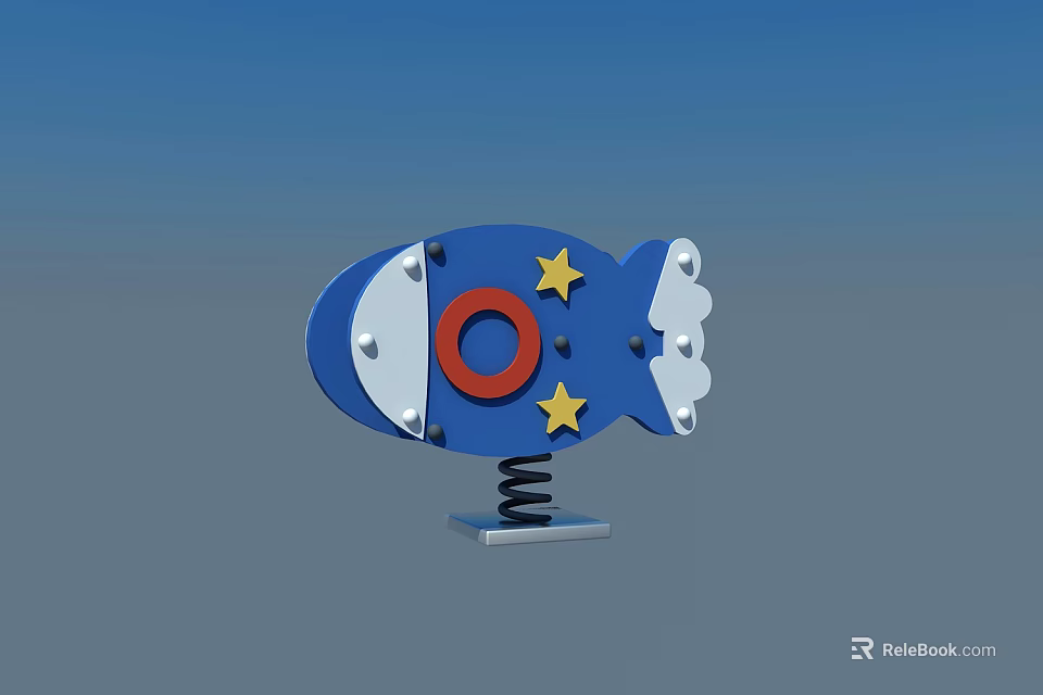 Blue Rocket Shaped Playground Equipment With Red Circle Yellow Stars White Clouds And Spring Base 3d model 