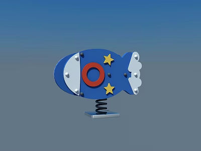 Blue Rocket Shaped Playground Equipment With Red Circle Yellow Stars White Clouds And Spring Base 3d model