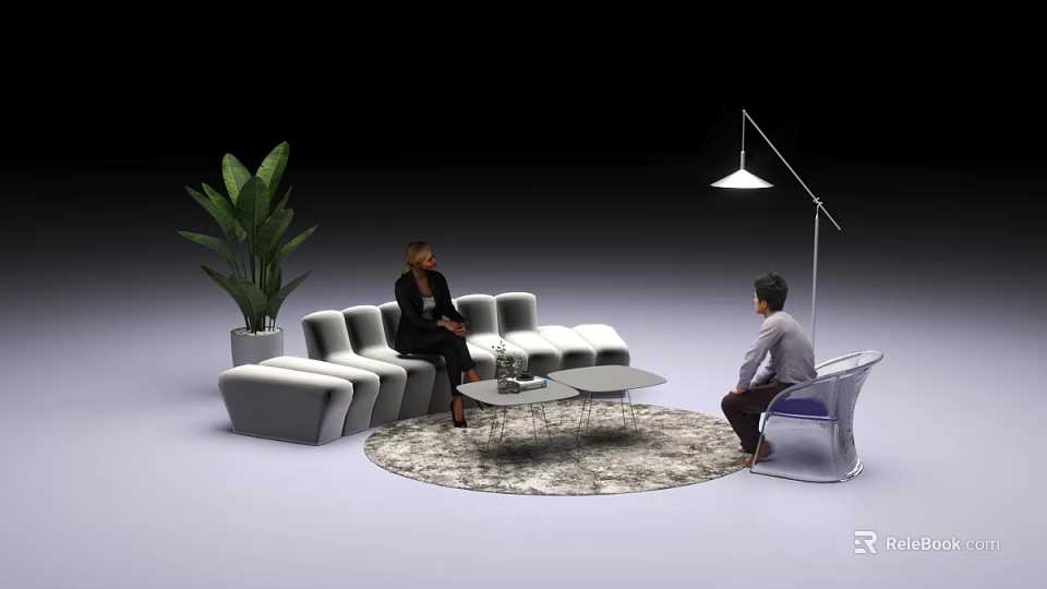 Modern Leisure Sofa Set with Round Coffee Table Floor Lamp Green Plants and Rug 3d model 