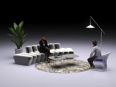 Modern Leisure Sofa Set with Round Coffee Table Floor Lamp Green Plants and Rug 3d model