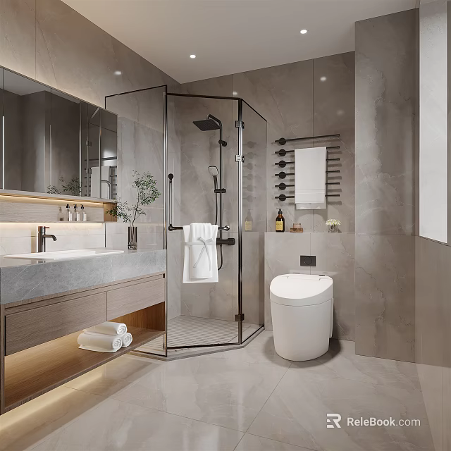 Modern Bathroom Interior With Glass Shower Marble Vanity And Freestanding Toilet 3d model 
