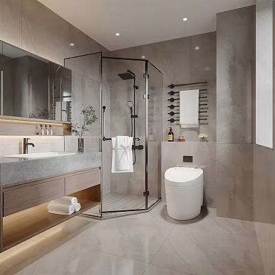 Modern Bathroom Interior With Glass Shower Marble Vanity And Freestanding Toilet 3d model