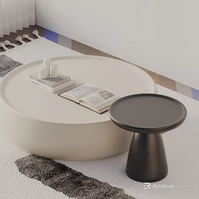 Modern Sofa and Coffee Table with White Round Coffee Table Books Candles Black Side Table 3d model