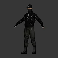Man In Black Tactical Outfit With Hoodie Goggles And Open Arms Standing Pose