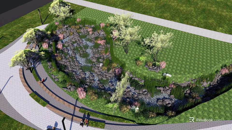 Natural Park Landscape With Green Lawn Trees Walking Pathways And Pond 3d model 