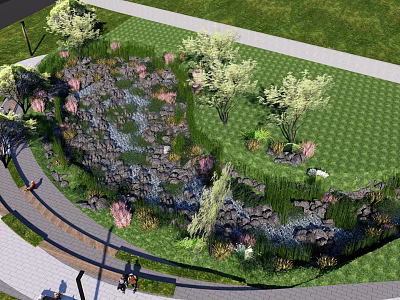 Natural Park Landscape With Green Lawn Trees Walking Pathways And Pond 3d model