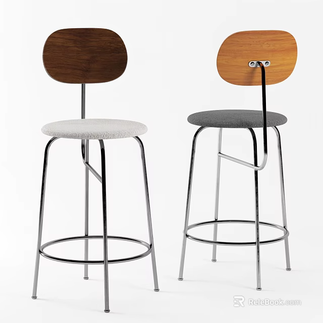 Modern Bar Stools With Wooden Backrest Metal Frame And Gray Upholstered Seat 3d model 