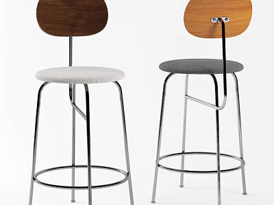 Modern Bar Stools With Wooden Backrest Metal Frame And Gray Upholstered Seat 3d model