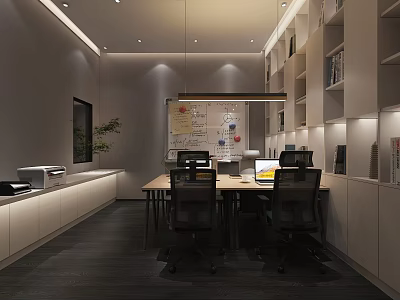 Modern Public Office Space Interior With Desks Office Chairs Bookshelves And Lighting 3d model
