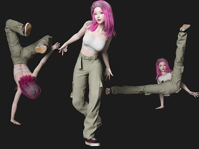 Woman with pink hair in multiple dance poses wearing white top and khaki pants 3d model