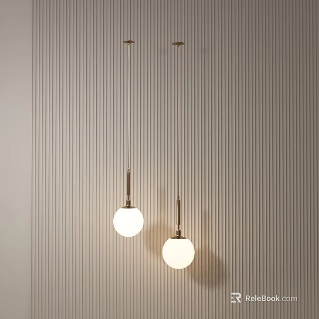 Two Modern Spherical Pendant Lights With Metal Rods Hanging On Vertical Striped Wall 3d model 