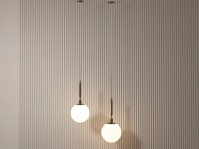 Two Modern Spherical Pendant Lights With Metal Rods Hanging On Vertical Striped Wall 3d model