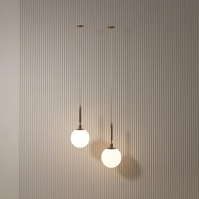 Two Modern Spherical Pendant Lights With Metal Rods Hanging On Vertical Striped Wall 3d model