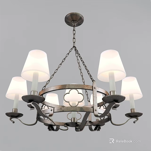 Vintage Metal Frame Chandelier With White Shades And Hanging Chain Design 3d model 
