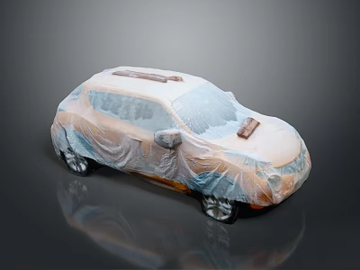 Light Colored SUV Car Covered With Protective Camouflage Cover On Reflective Surface 3d model