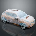 Light Colored SUV Car Covered With Protective Camouflage Cover On Reflective Surface 3d model