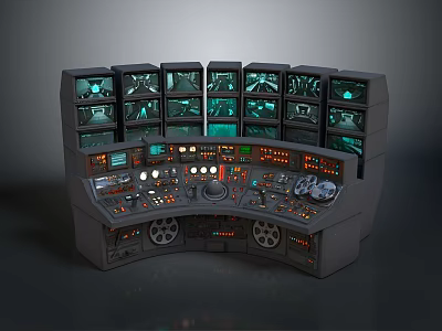 Futuristic Control Console With Multiple Green Screens Illuminated Buttons And Dials 3d model