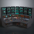 Futuristic Control Console With Multiple Green Screens Illuminated Buttons And Dials 3d model