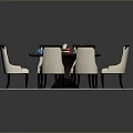 Elegant Black Dining Table With Six White Padded Chairs On White Mat And Tableware
