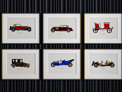Vintage Car Illustrations Framed Photo Wall Display With Artistic Classic Designs 3d model