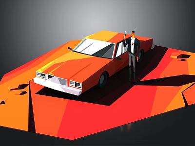 Vibrant Orange Classic Car With Standing Man In Suit And Geometric Red Orange Background 3d model