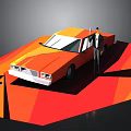 Vibrant Orange Classic Car With Standing Man In Suit And Geometric Red Orange Background
