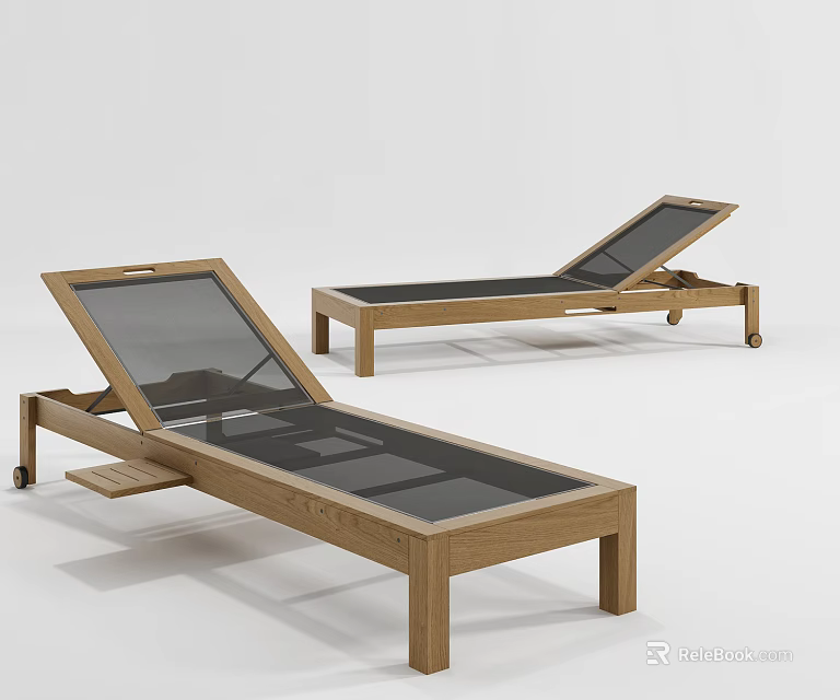 Adjustable Wooden Frame Lounge Chair With Mesh Seat And Rolling Wheels 3d model 