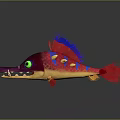 Cartoon Fish Character With Vibrant Red Purple Blue Fins Green Eyes And Sharp Teeth