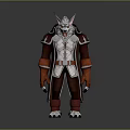 Game Movie Character With Wolf Head Pointed Ears Red Brown Coat White Vest And Claws