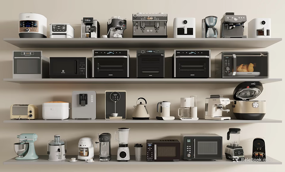 Wide Range of Household Appliances Arranged on Shelves for Daily Use 3d model 