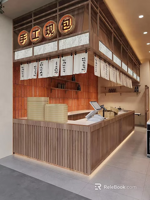 Japanese Restaurant Front With Wooden Counter Brick Wall White Cloth Curtains Menu Cash Register 3d model 