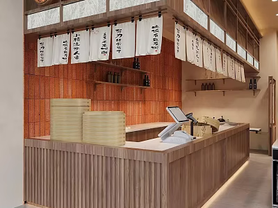 Japanese Restaurant Front With Wooden Counter Brick Wall White Cloth Curtains Menu Cash Register 3d model