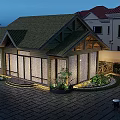 Wooden House Exterior With Red Roof Large Windows And Illuminated Garden Paved Courtyard