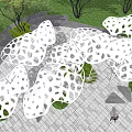 Night Sky Garden Landscape Design With White Perforated Canopies Trees Stone Pavement And Grass Lawn