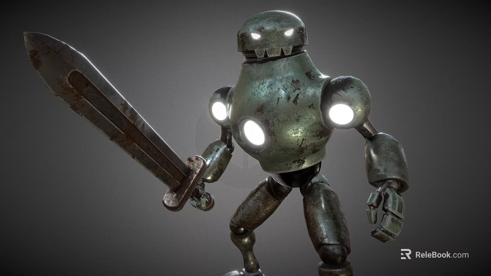 Game Movie Character Metallic Robot Holding Large Sword With Glowing Eyes 3d model 