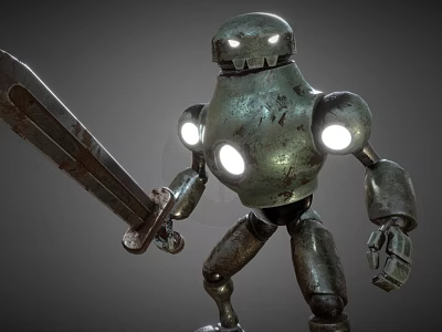 Game Movie Character Metallic Robot Holding Large Sword With Glowing Eyes 3d model