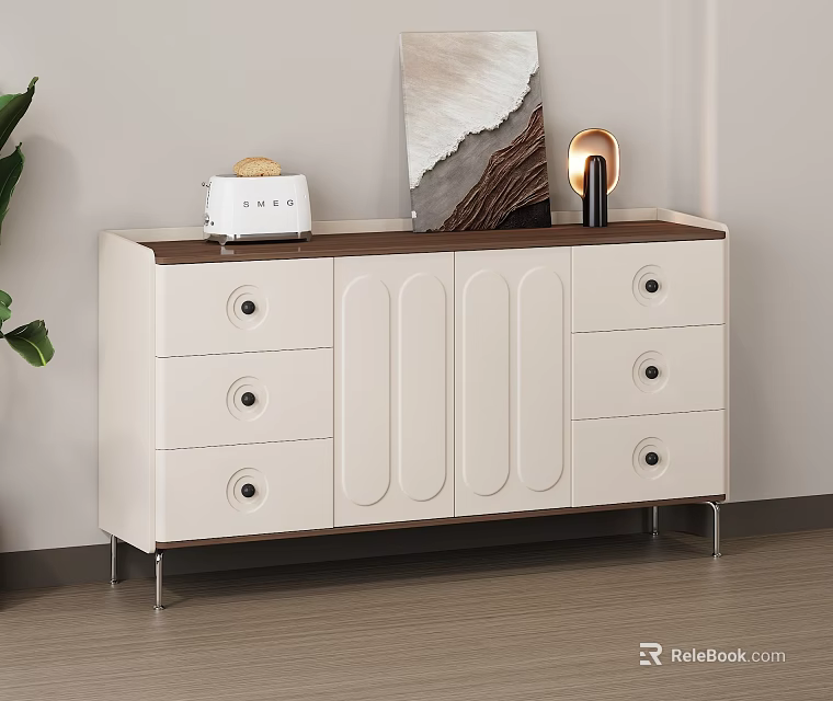 Modern White Sideboard With Wooden Top Curved Doors Round Knobs And Decorative Items 3d model
