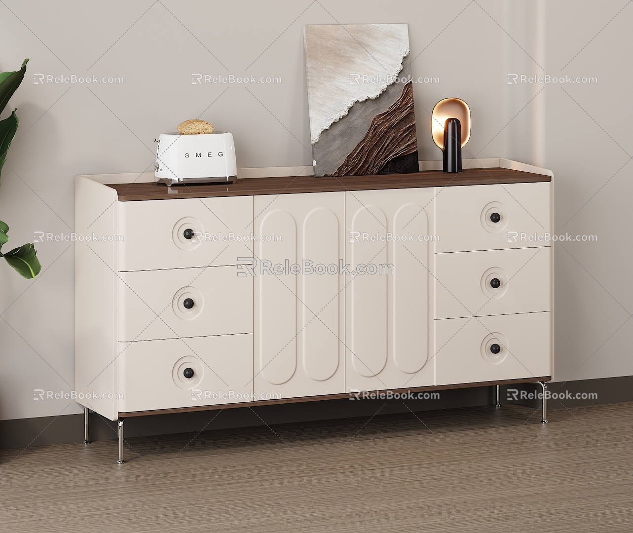 Cream Style Restaurant Sideboard Storage Cabinet Sundry Cabinet Side Cabinet Cream White Decorative Painting Green Plant Seasoning Bottle Tableware Walnut Wood Floor Bread Machine 3d model