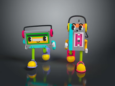 Cute Colorful Cartoon Tape Robot Characters With Headphones And Smiling Faces 3d model