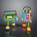 Cute Colorful Cartoon Tape Robot Characters With Headphones And Smiling Faces