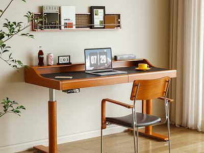 Wooden Desk With Laptop Desk Lamp Books Clock Yellow Cup Chair And Plant Curtain 3d model