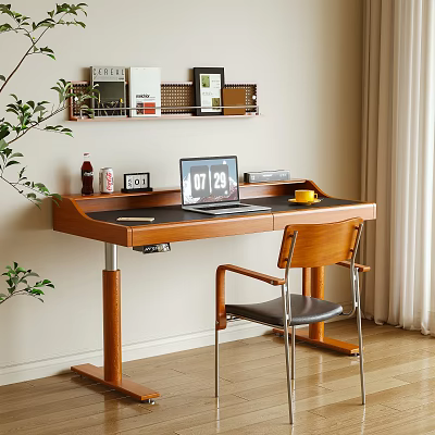 Wooden Desk With Laptop Desk Lamp Books Clock Yellow Cup Chair And Plant Curtain 3d model