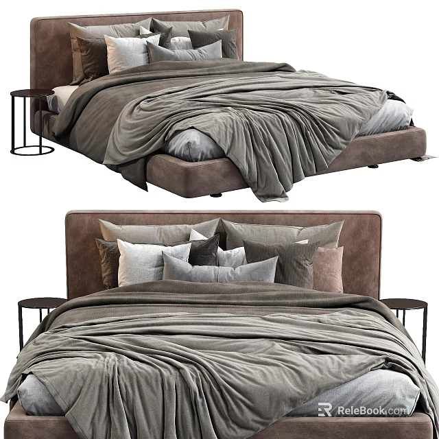Modern Double Bed With Brown Headboard Gray Duvet Pillows And Nightstand 3d model 