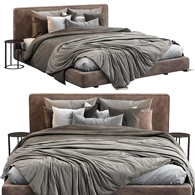 Modern Double Bed With Brown Headboard Gray Duvet Pillows And Nightstand 3d model