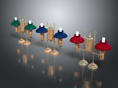 Vintage Style Candle Lamps With Colorful Umbrella Shades And Golden Metal Stands 3d model