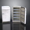 Vintage Electronic Appliances Refrigerators With Closed And Open Doors And Internal Shelves