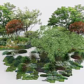 Lush Arbor Trees In Garden Landscape With Diverse Shrubs Flowers And Greenery